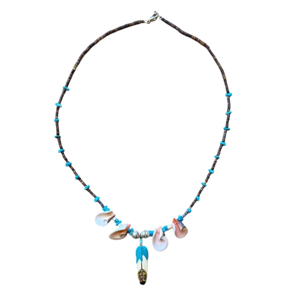 Turquoise, Shell, and Feather Necklace